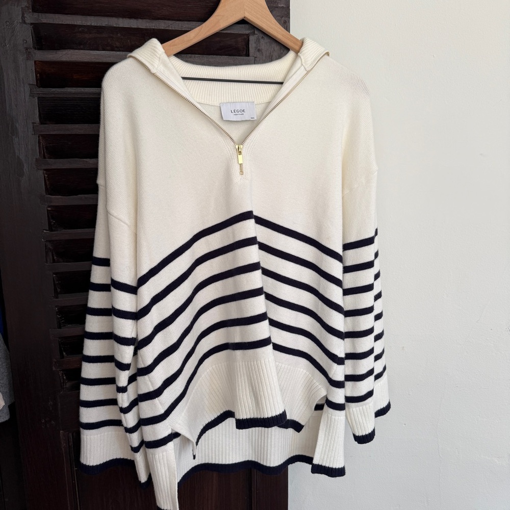 Lego’s maternity Cream & Navy Striped Half-Zip Hoodie Sweater
